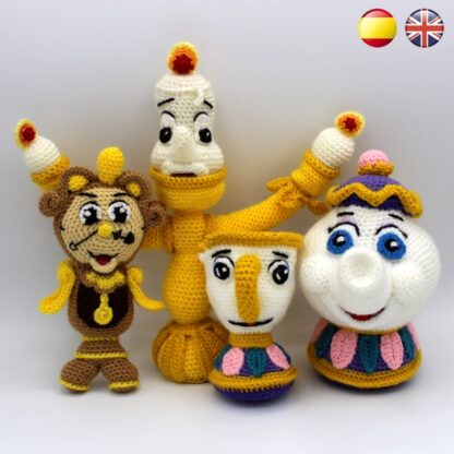 Patrones Amigurumi Mrs Potts, Lumiere, Chip y Din-Don