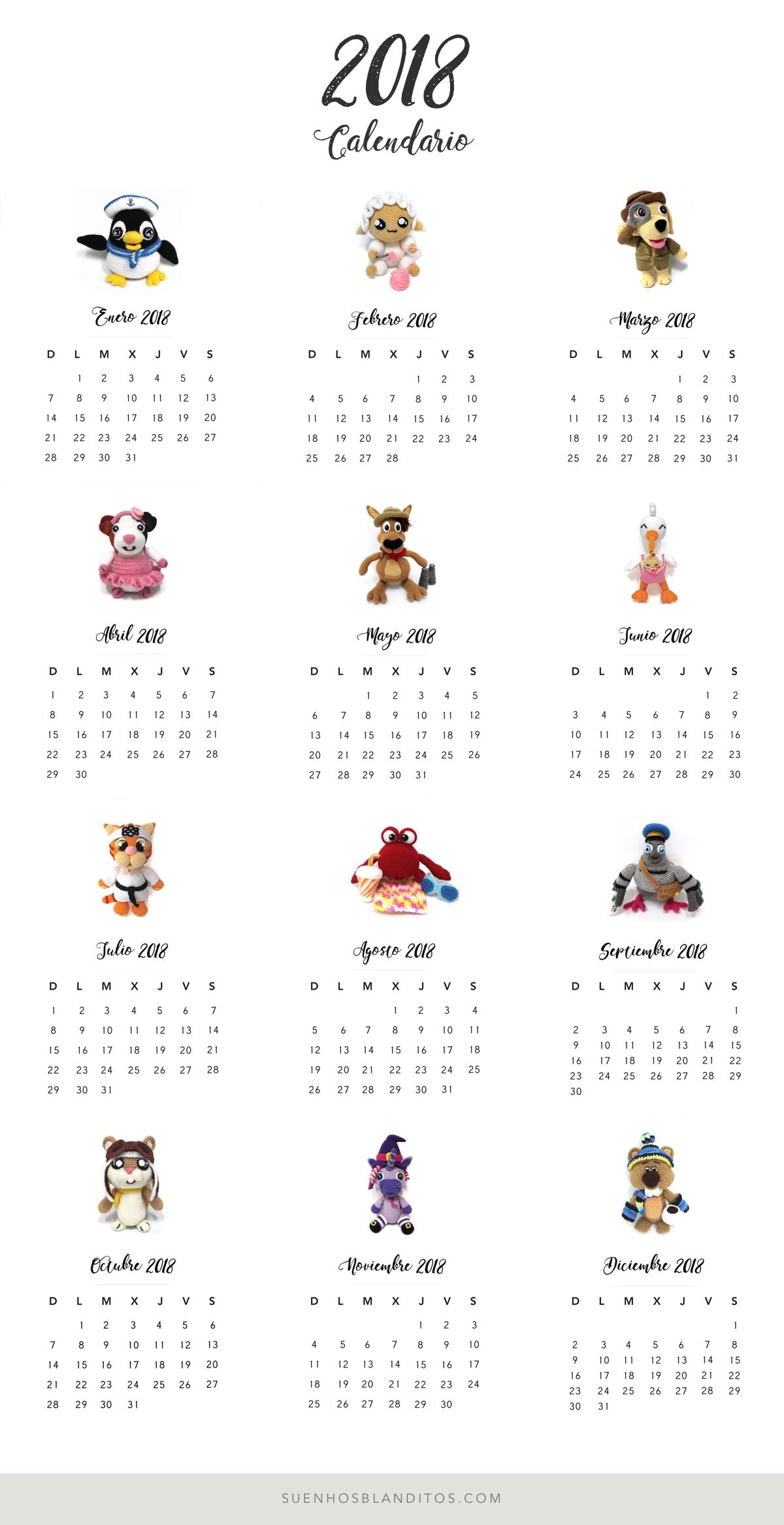 Calendario Amigurumi 2018 Para Imprimir